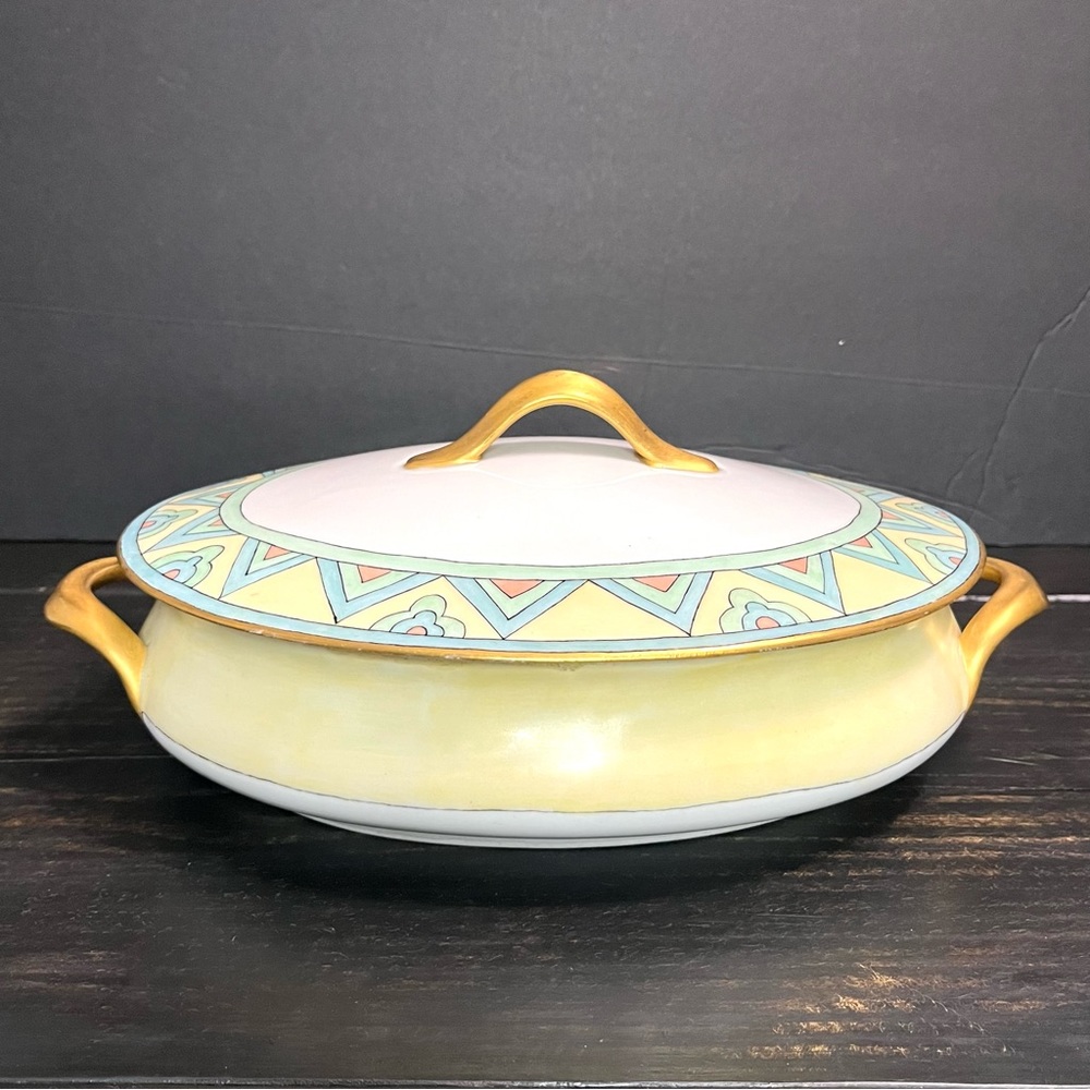 Bassett Czecoslovakia  Oval Vegetable Dish Covered Yellow Gold Trim Geometric
